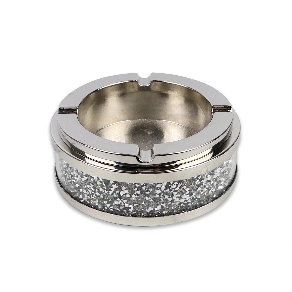 Crystal Glass Ashtray Round Metal