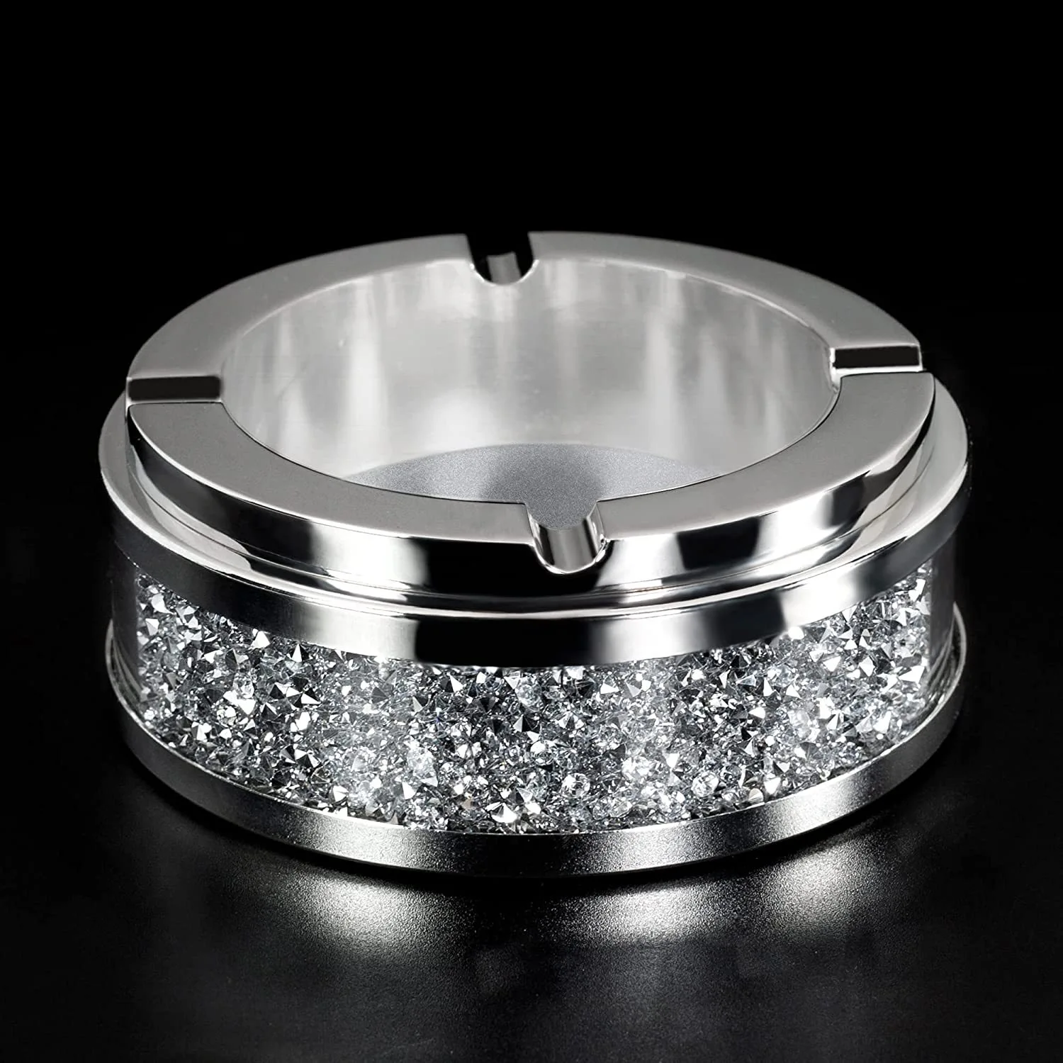 Crystal Glass Ashtray Round Metal