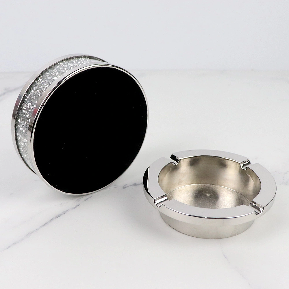 Crystal Glass Ashtray Round Metal