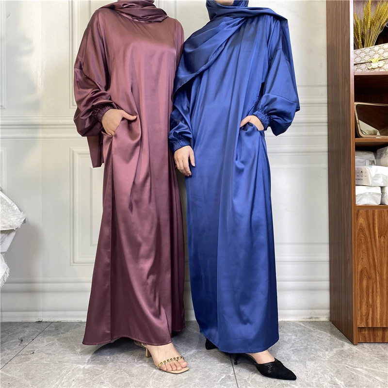 Women's Fashion Simple Solid Color Satin Dress With Headscarf
