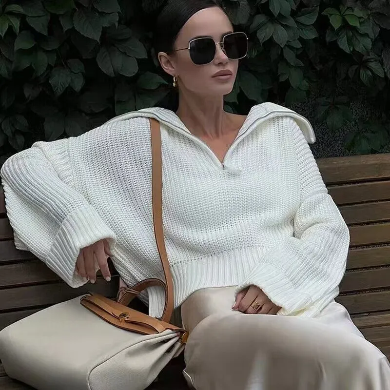 Pullover Solid Color Women's Zipper Loose Casual Knitted Sweater For Women