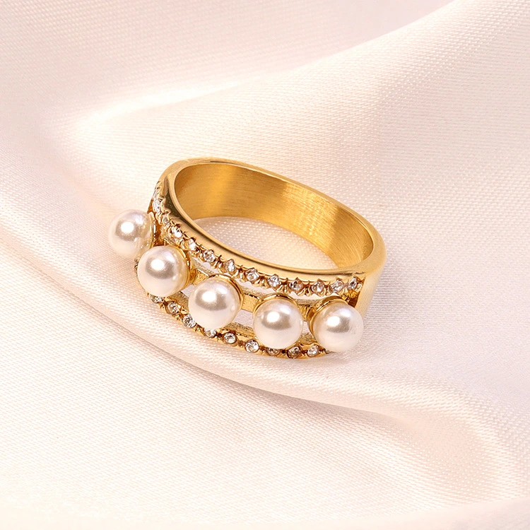 Stainless Steel Pearl Diamond Ring Korean Style