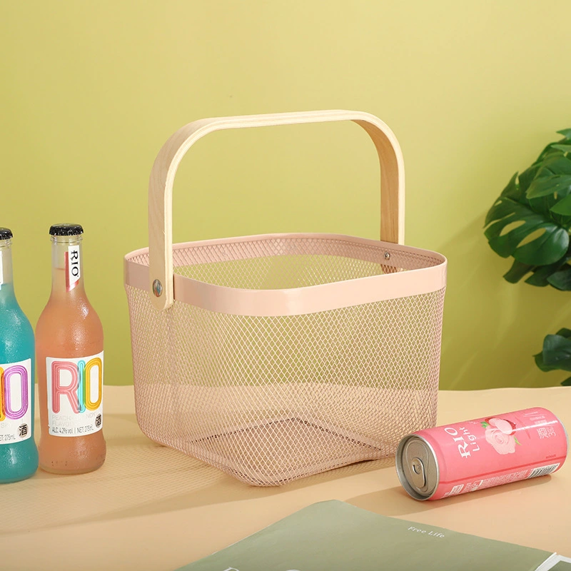 Iron Portable Storage Basket Wooden Handle