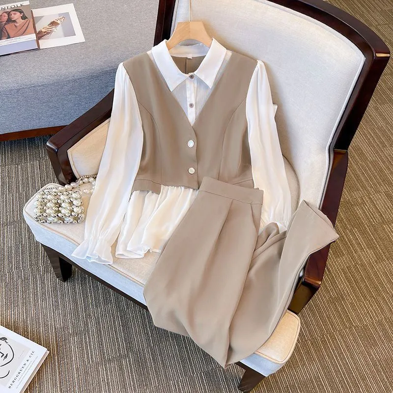 Women's Shirt And Pants Suit Belly Covering Professional Fake Two Pieces