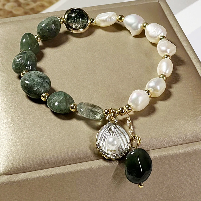 Natural Crystal Bracelet Beads Green Quartz Rutilated Original Design Women's Korean-style Pearl Bracelet