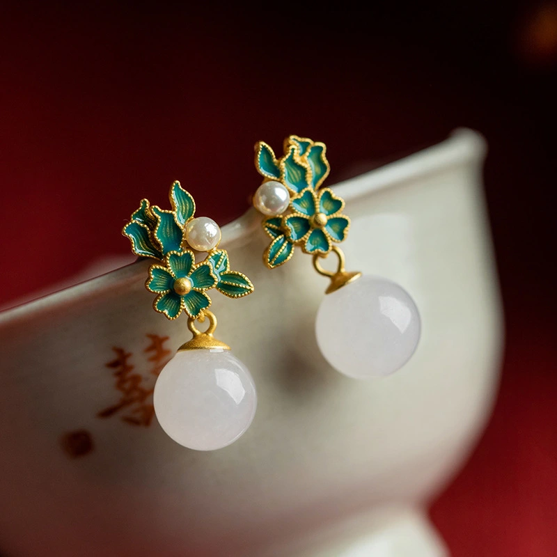 Gold Inlaid Hetian Jade Enamel Pearl Earrings For Women