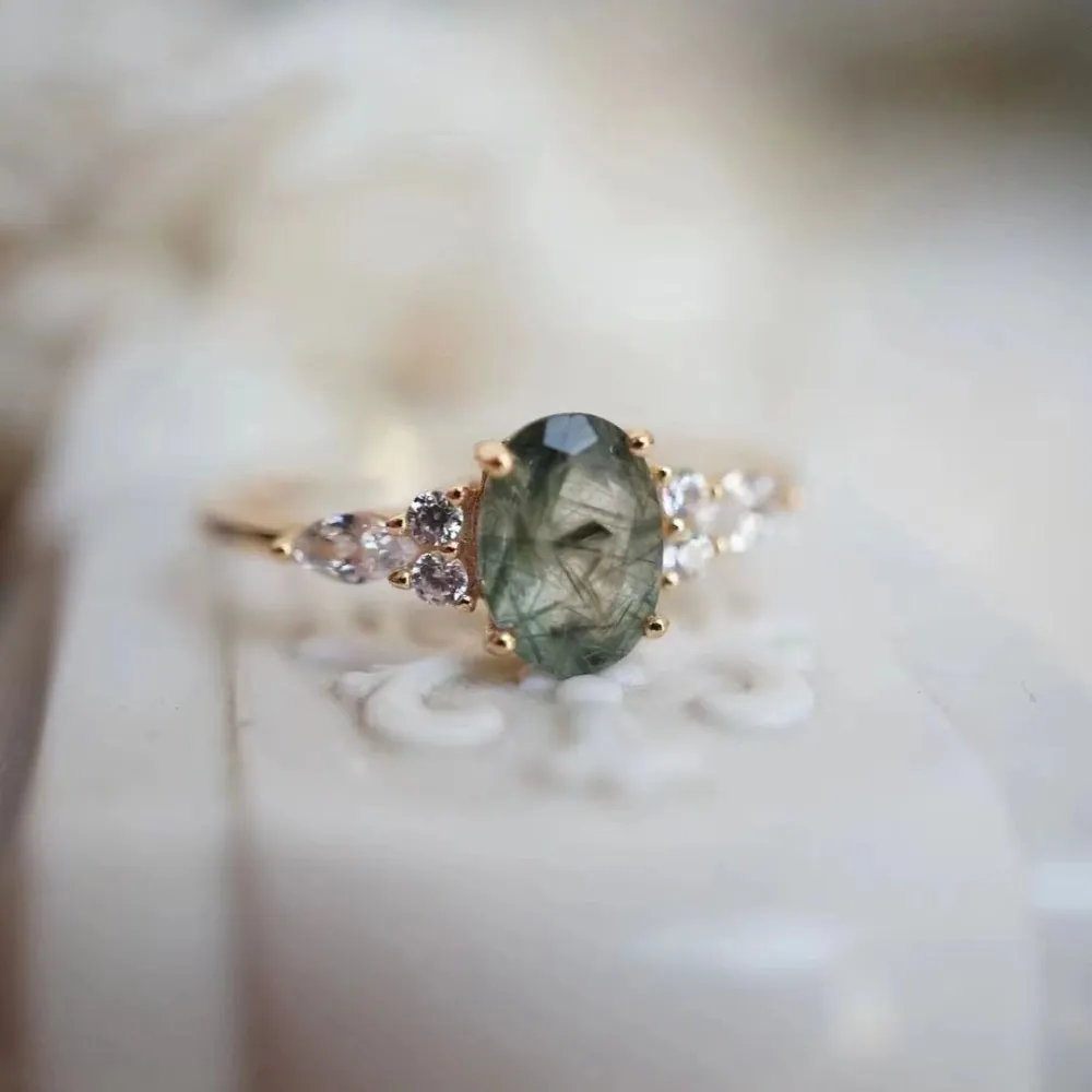 Green Quartz Rutilated Diamond Ring Copper Material