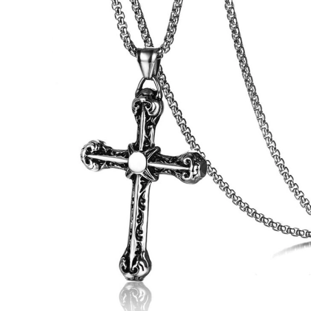 Men Vintage Titanium Steel Jesus Cross Pendant Chain Necklace Party Jewelry Gift