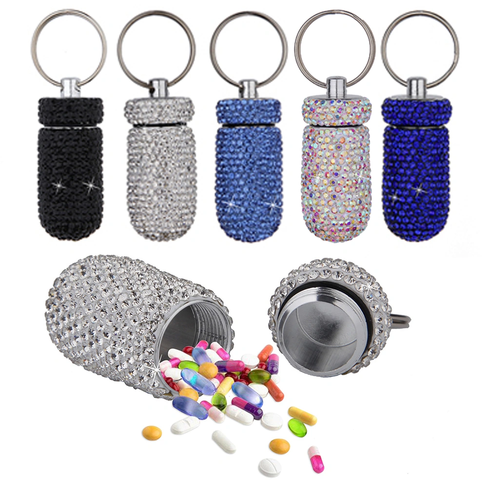 2Pcs Medicine Pill Case Box Outdoor Waterproof Rhinestone Keychain Container