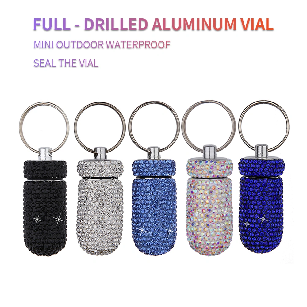 2Pcs Medicine Pill Case Box Outdoor Waterproof Rhinestone Keychain Container