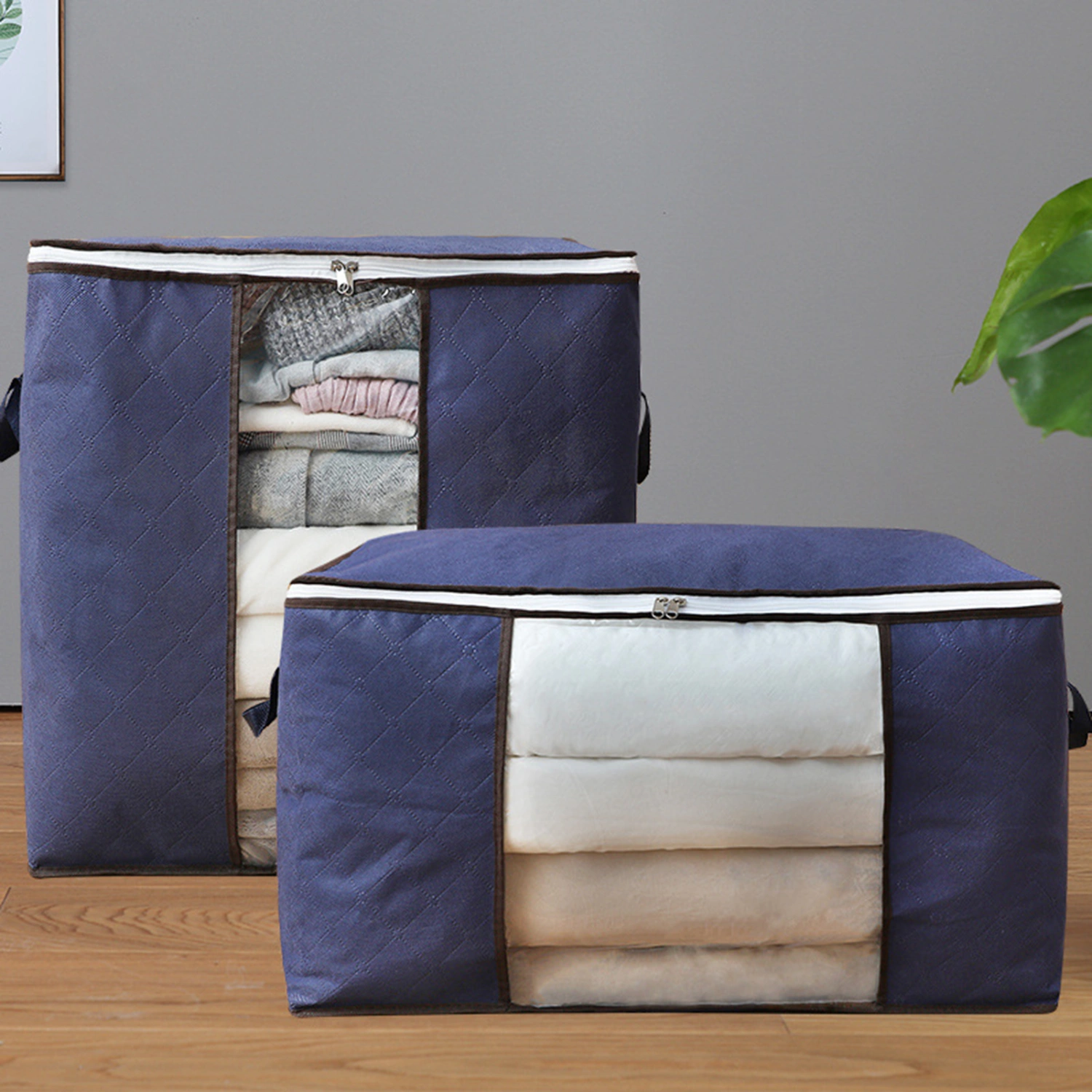 Quilt Storage Bag Foldable Large Capacity Non-woven Fabric Two-way Zipper Clothes Storage Bin for Wardrobe 