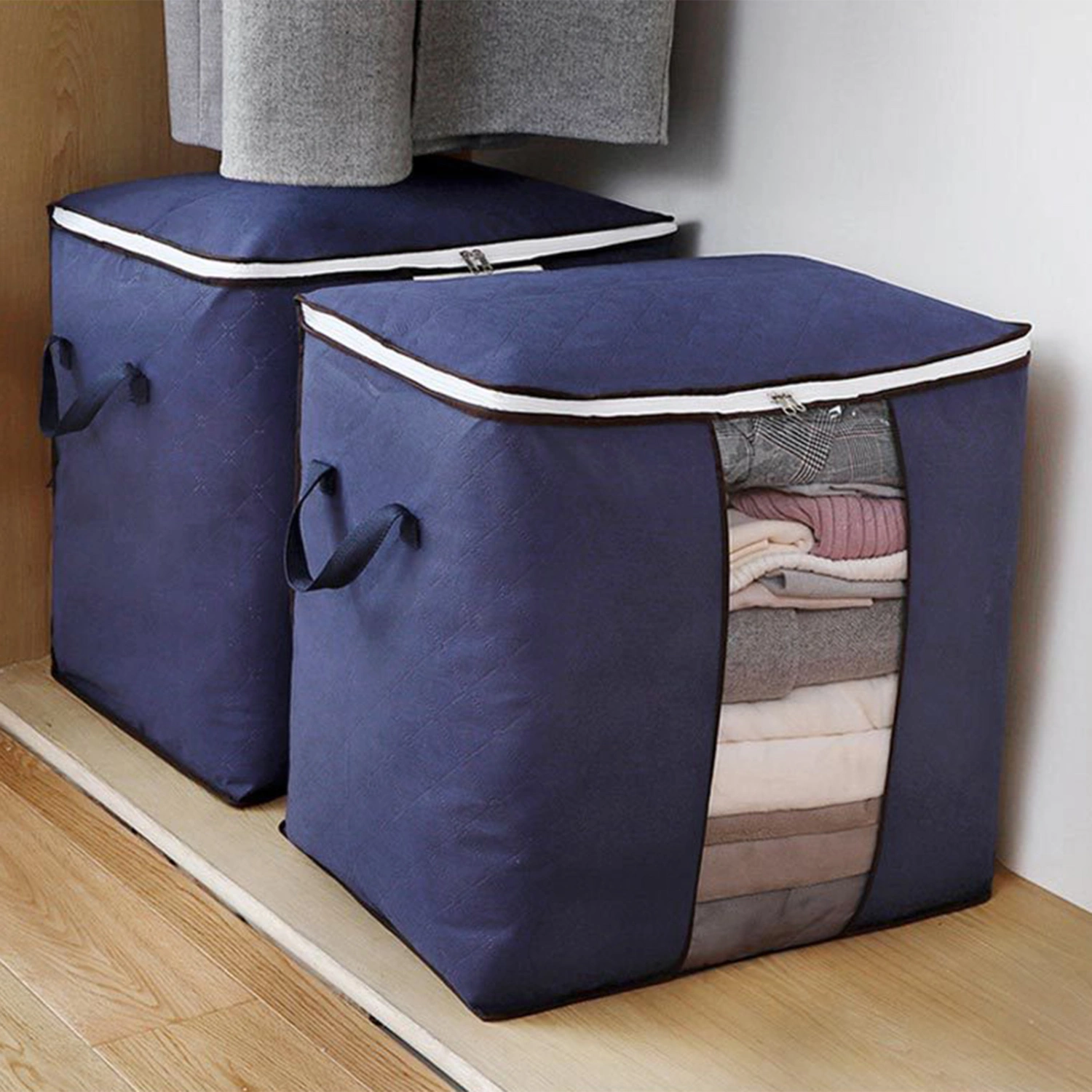 Quilt Storage Bag Foldable Large Capacity Non-woven Fabric Two-way Zipper Clothes Storage Bin for Wardrobe 