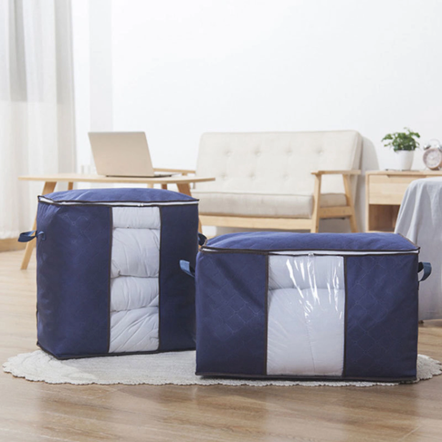 Quilt Storage Bag Foldable Large Capacity Non-woven Fabric Two-way Zipper Clothes Storage Bin for Wardrobe 