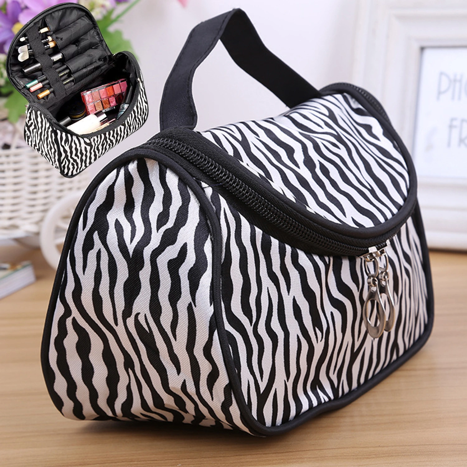 Zebra Print Makeup Bag Waterproof Nylon Jewelry Digital Makeup Organizer for Home