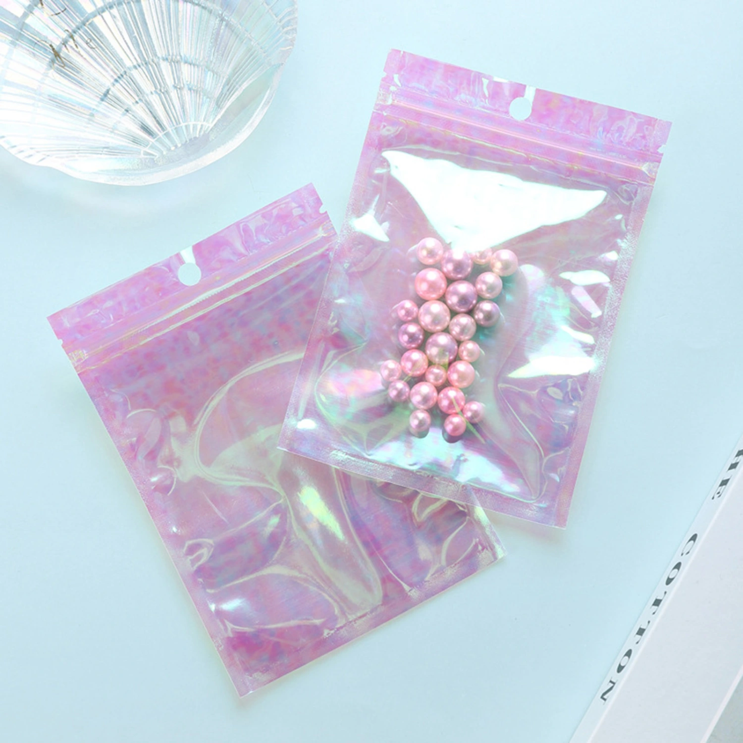 100Pcs Holographic Bags Dust-proof Large Capacity PET Flat Clear Zippered Resealable Bags for Jewelry
