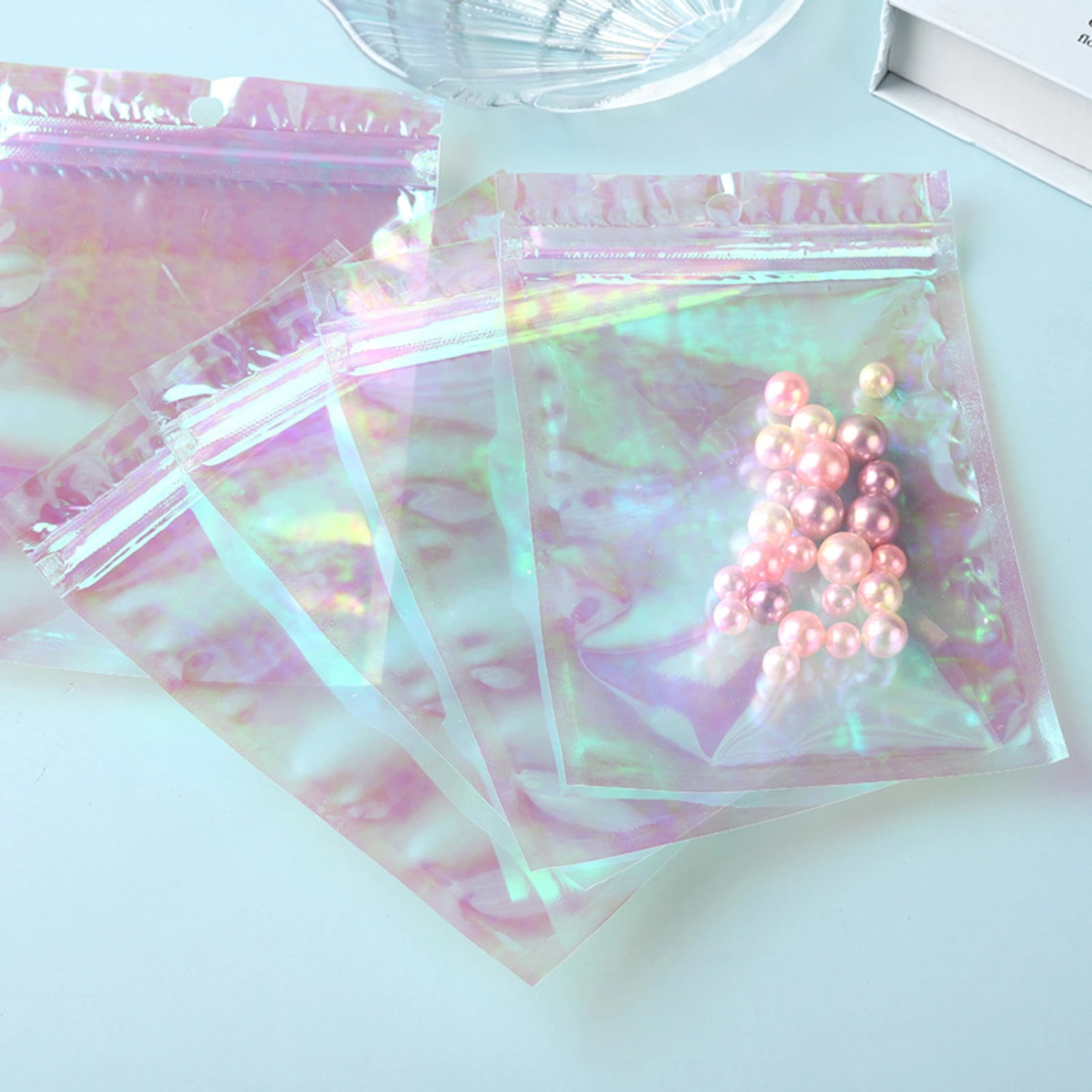 100Pcs Holographic Bags Dust-proof Large Capacity PET Flat Clear Zippered Resealable Bags for Jewelry