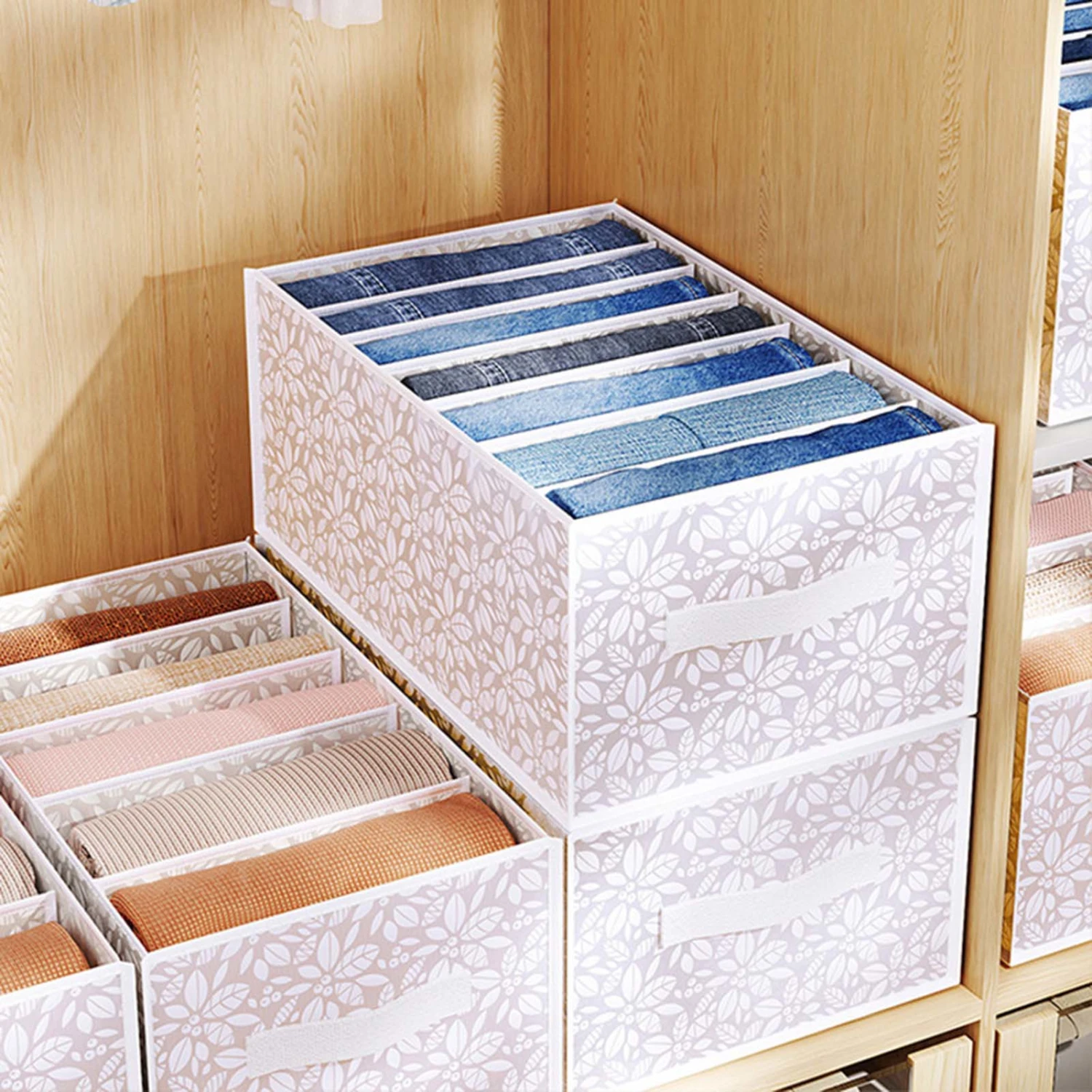 Clothes Divider Box Large Capacity Reinforced Handle Wear Resistant Tear-Resistant Wide Application Space-saving Fabric 6/7/12 Grids Sock Clothes Jeans Storage Box Home Supplies