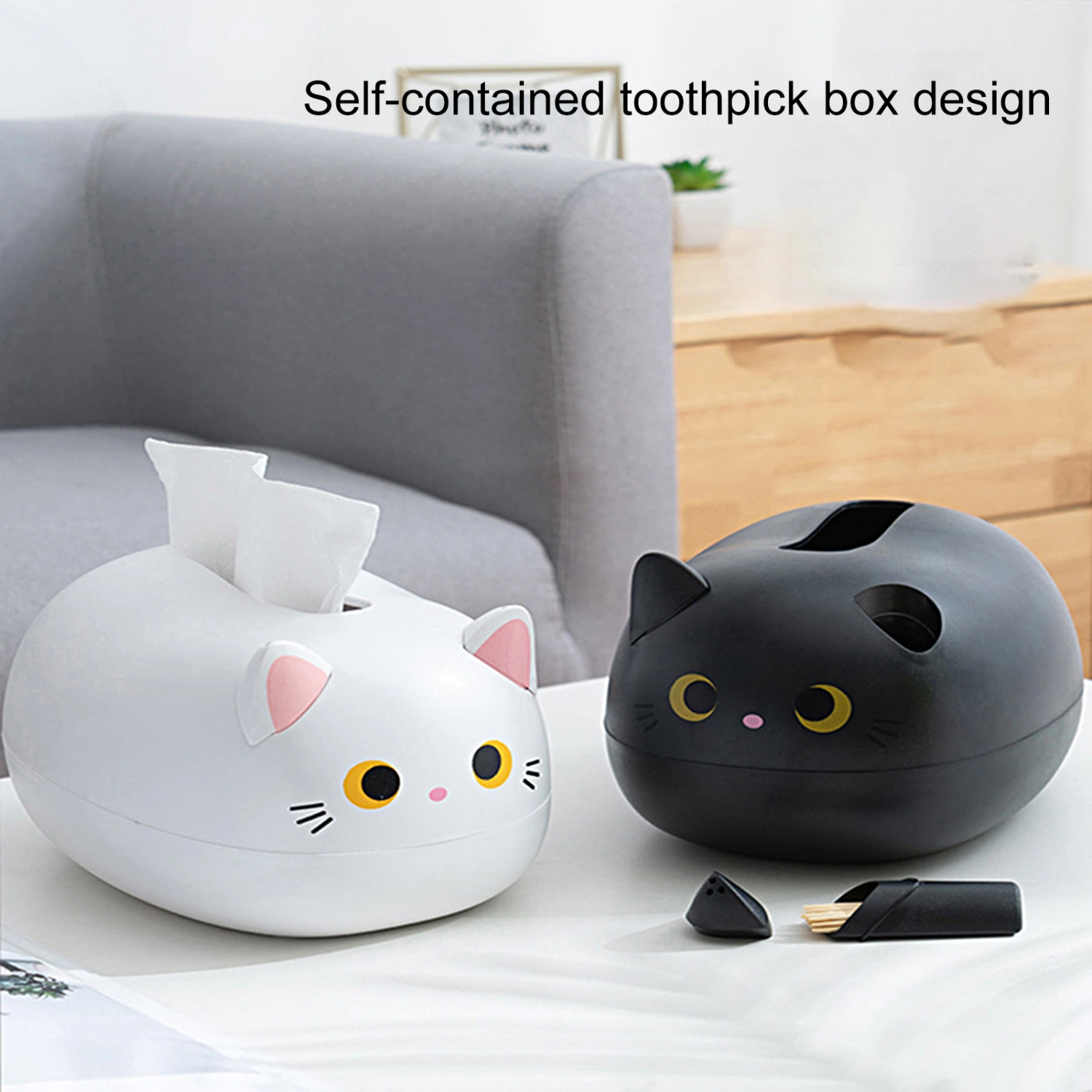 Tissue Holder Large Capacity with Toothpick Box Multifunctional Non-slip Dustproof Cartoon Cat Napkin Organizer Box for Dormitory