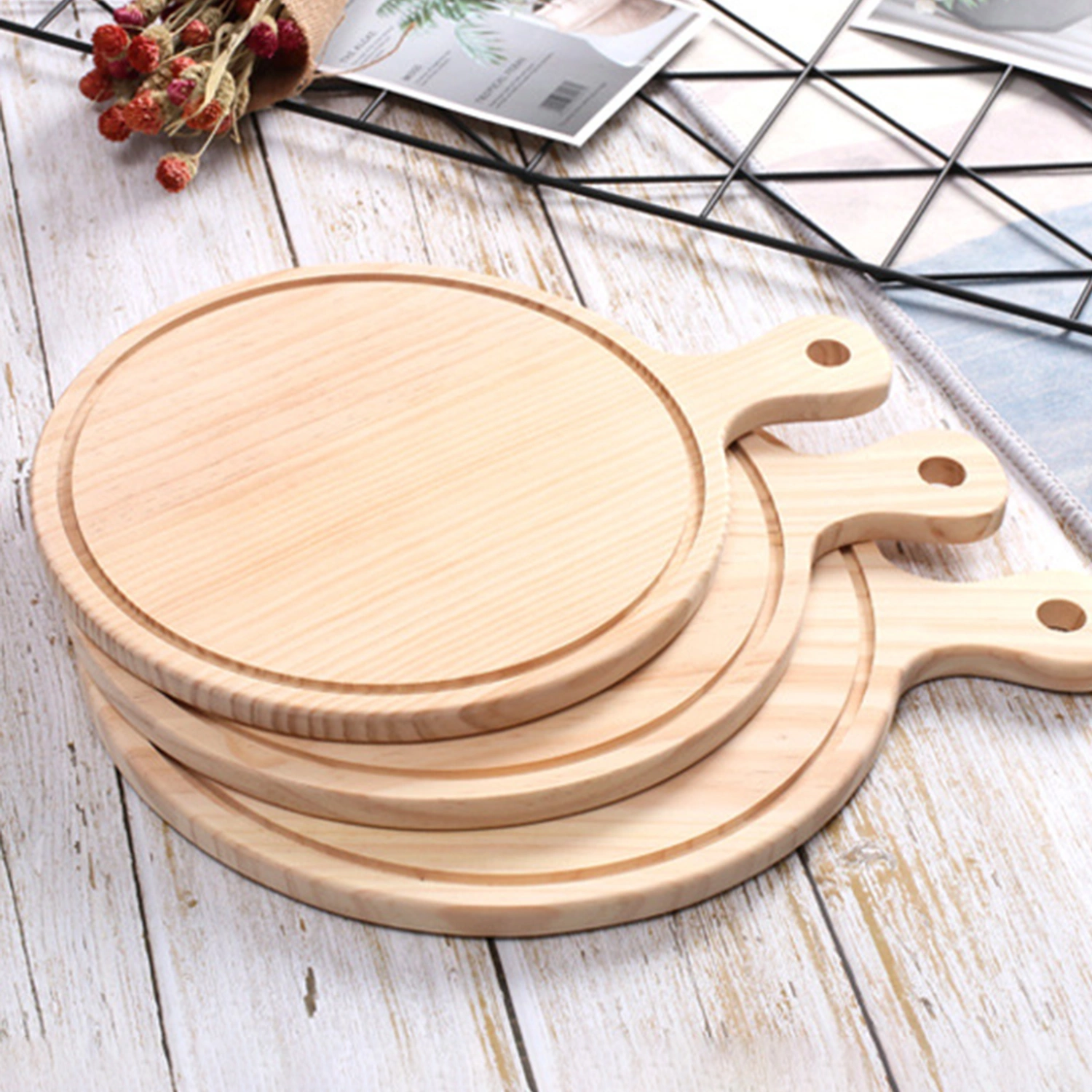 Pizza Board Premium with Handle Wood Cheese Bread Cutting Board for Bread