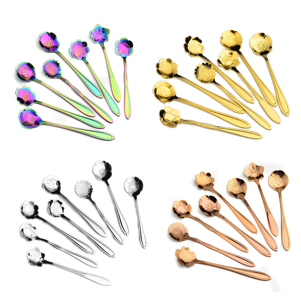 8Pcs Flower Stainless Steel Coffee Tea Cup Spoon Teaspoon Kitchen Tool Gift