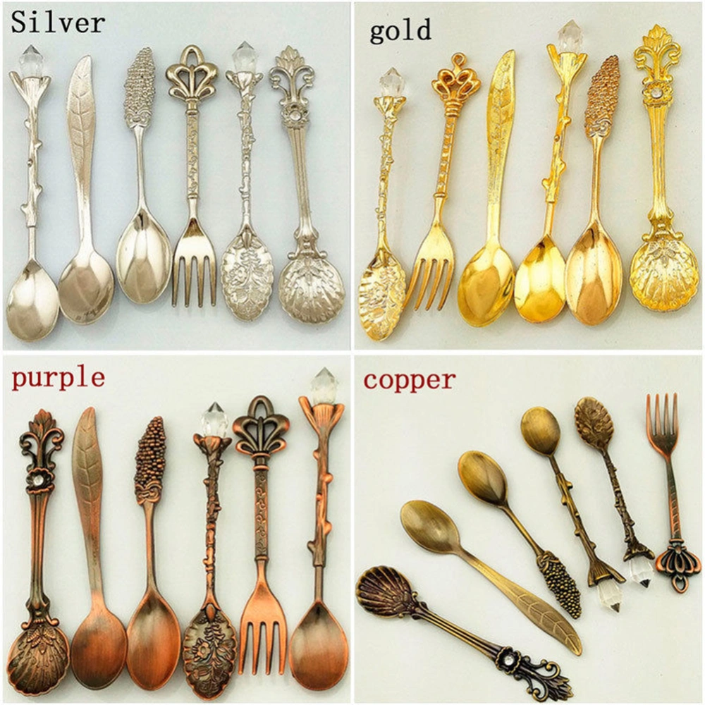 6Pcs/Set Retro Palace Cutlery Alloy Tea Coffee Spoons Fork Dinnerware Tableware