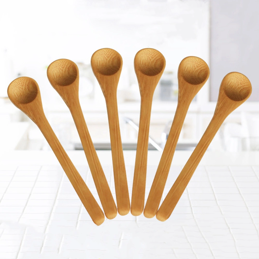 6Pcs Bamboo Long Handle Deep Spoon Flatware Coffee Honey Drinking Kitchen Gadget