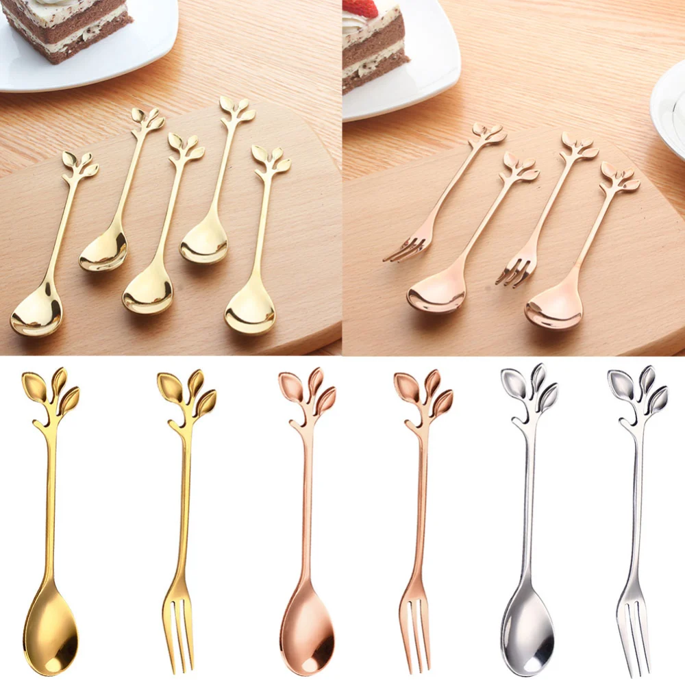 Leaf Shape Handlle Coffee Spoon Dessert Scoop Fork Tablewear Kitchen Accessories