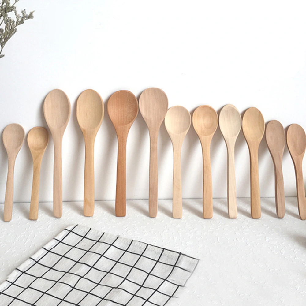 5Pcs Wooden Handmade Long Handle Eating Cooking Soup Spoons Kitchen Utensil