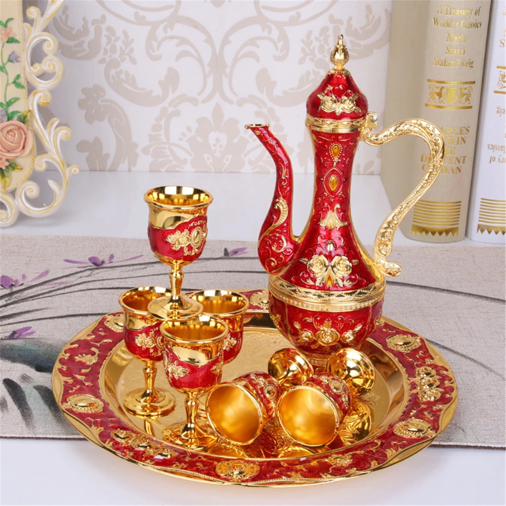 8Pcs/Set Retro Zinc Alloy Wine Cup Kettle Tray Kit Home Wedding Decor Container