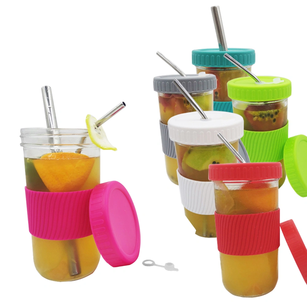 1 Set Water Cup Eco-friendly with Lid Glass Smoothie Tea Drinking Straw Bottle for Office