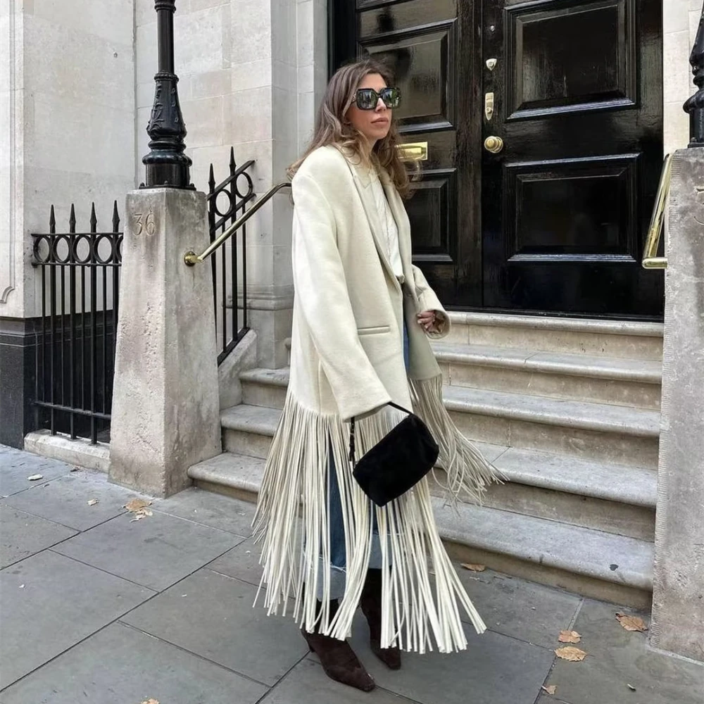 Women's Street Fashion Tassel Long Suit Woolen Coat