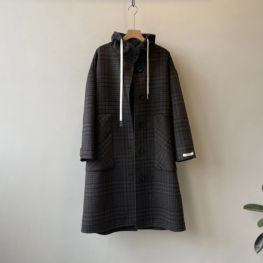 Plaid Wool Overcoat Loose Hoodie Woolen Coat For Female Students