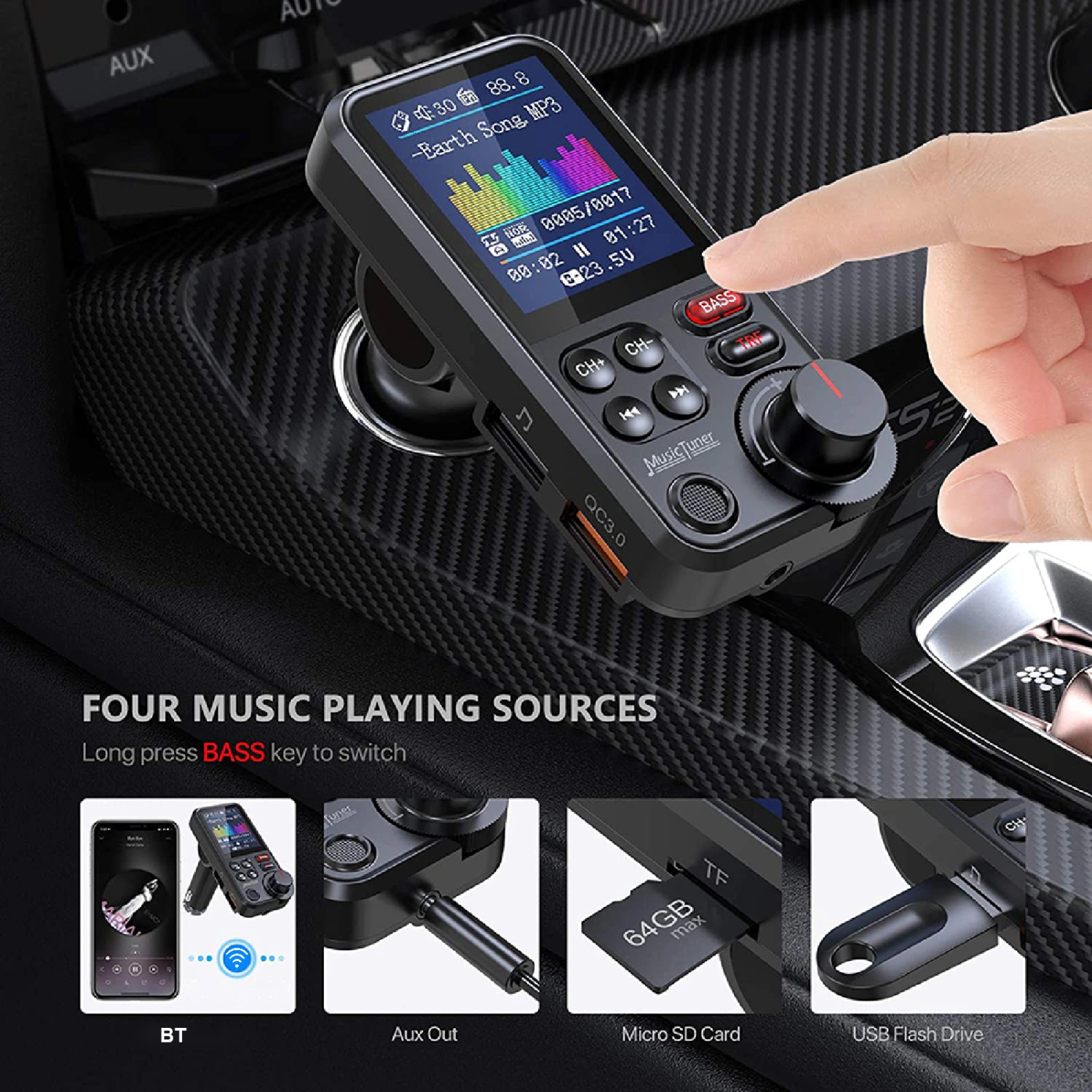 Car MP3 Player Deep Bass Quick Charge Intelligent Bluetooth-compatible 5.0 Car FM Transmitter for Truck