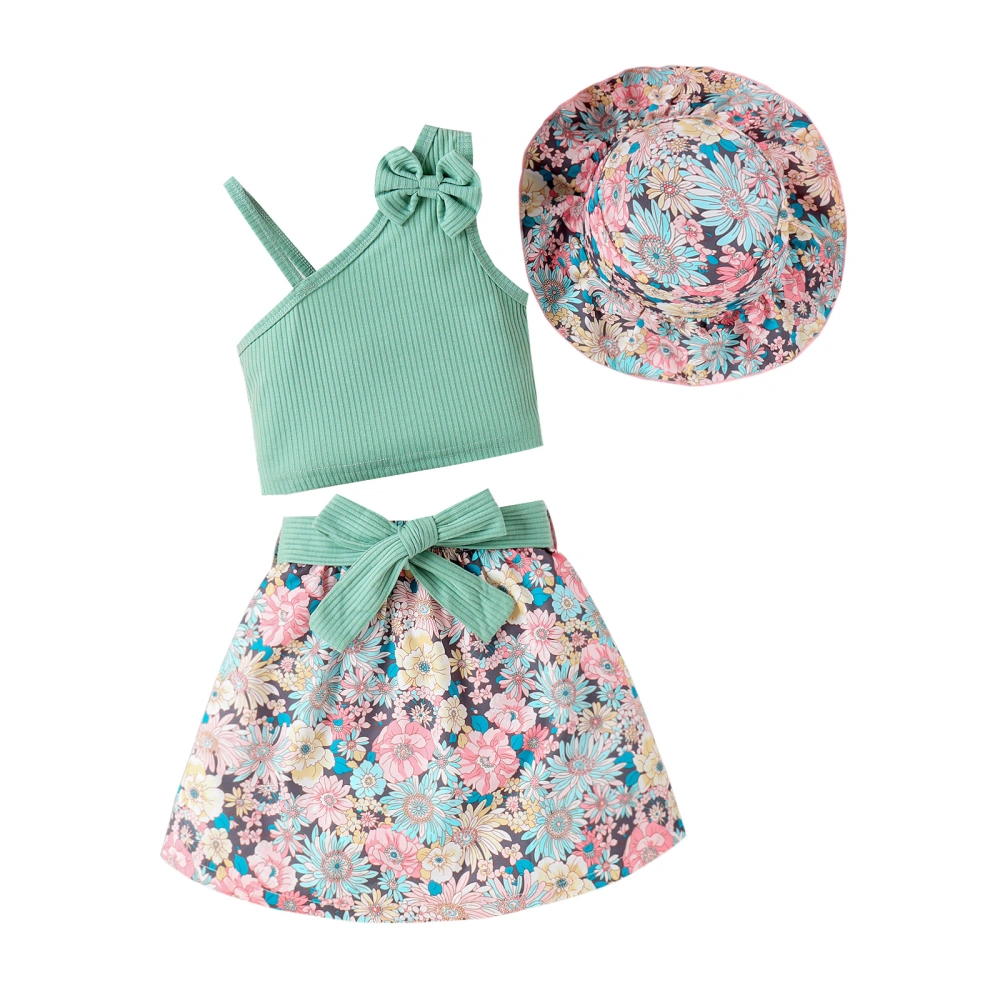 Kids Girls Skirt Set, Camisole with Flower Print Skirt Belt and Hat