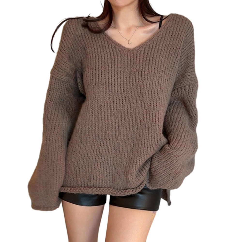 Women's Fall Loose Sweater Solid V-Neck Long Sleeve Sweaters