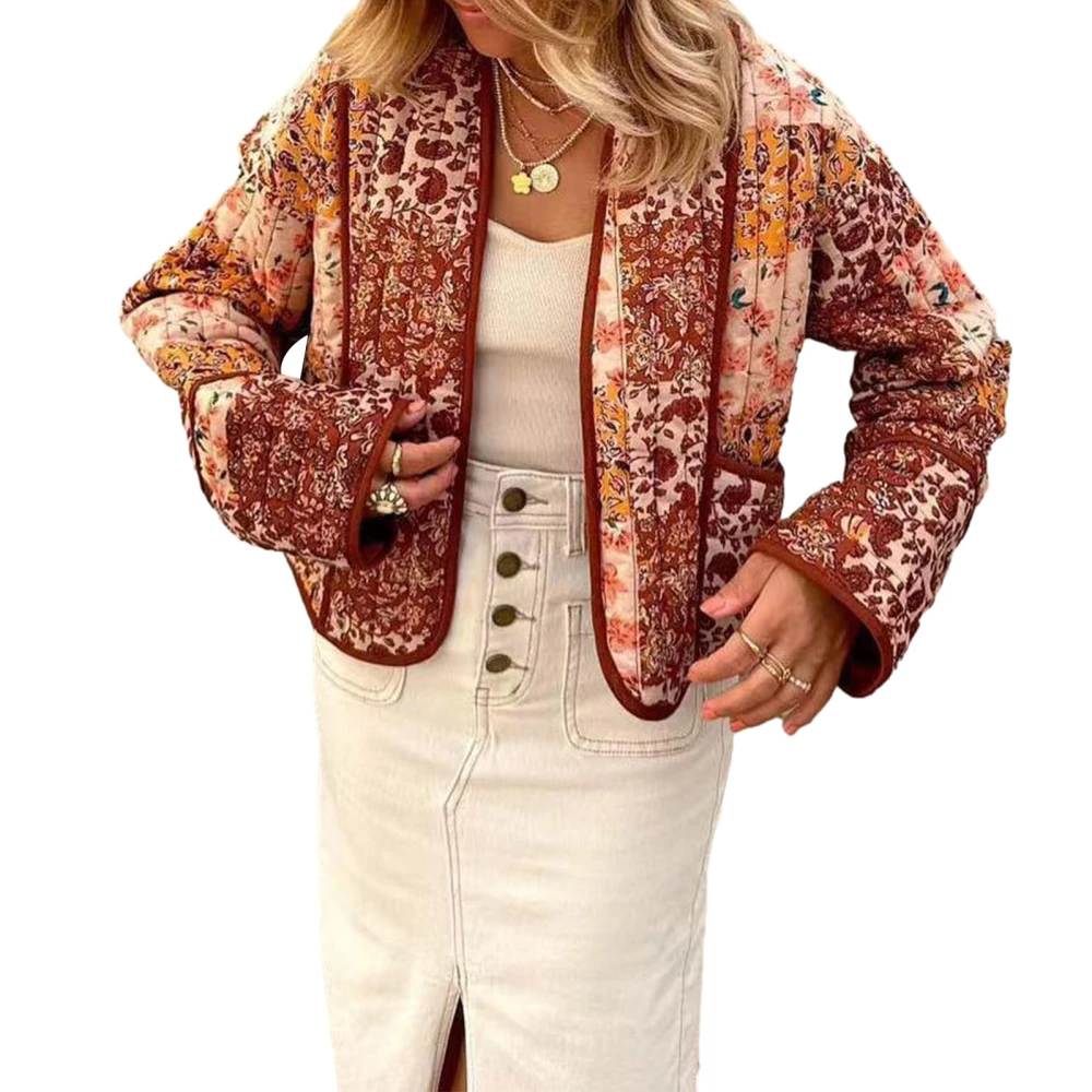 Women Fall Quilted Jacket Lightweight Vintage Floral Casual Cardigan