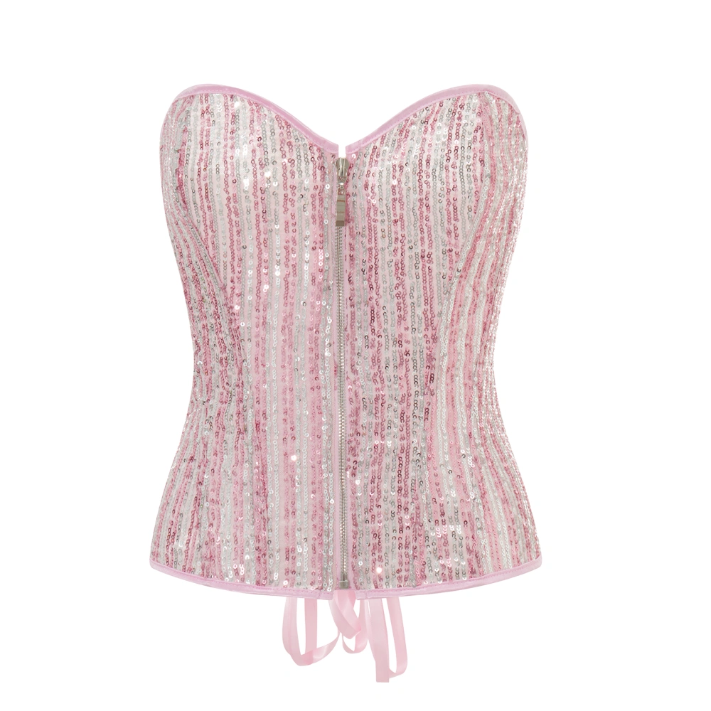 Women's Sequin Corset Tops Glitter Strapless Zip Back Bustier Tops