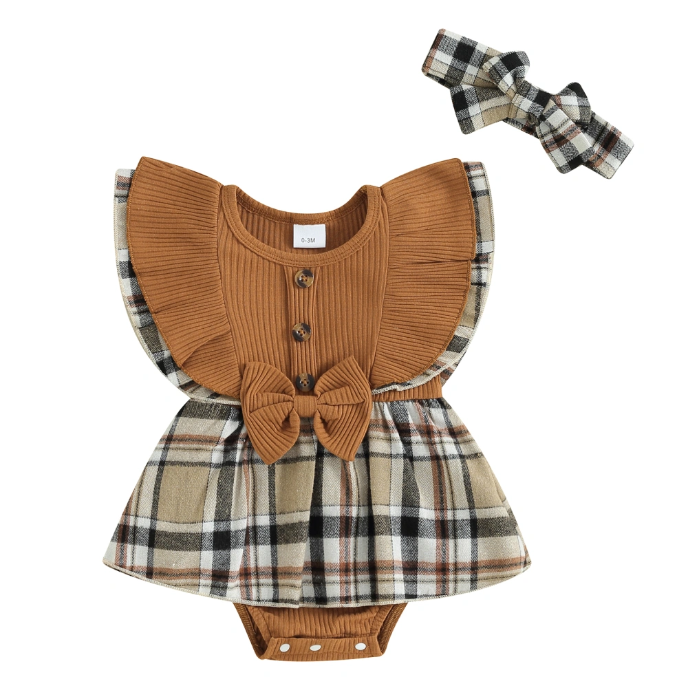 Baby Flying Sleeve Plaid Patchwork Ribbed Romper Dress with Headband