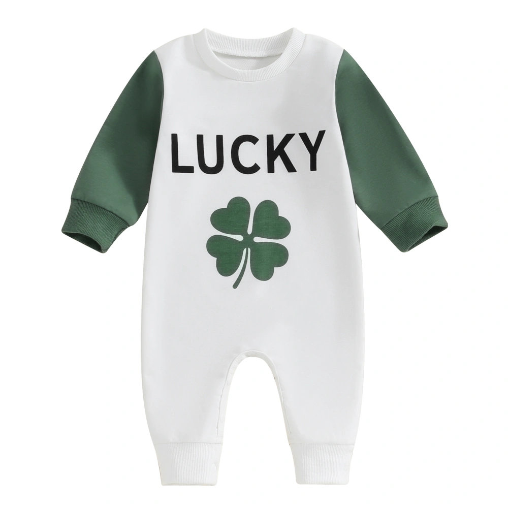 Girl Irish Day Long Sleeve Letter Four Leaf Clover Print Jumpsuit