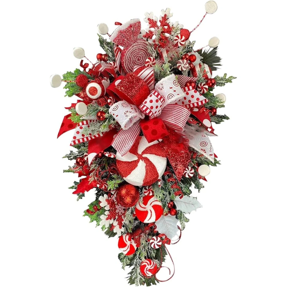 Christmas Candy Cane Wreath for Front Door Red and White Teardrop Swag