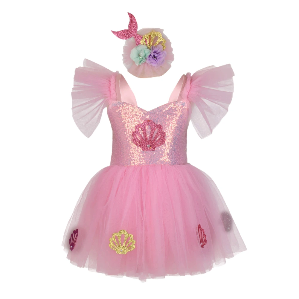 Girls Mermaid Outfit, Fly Sleeve Tulle Patchwork A-line Dress Headband