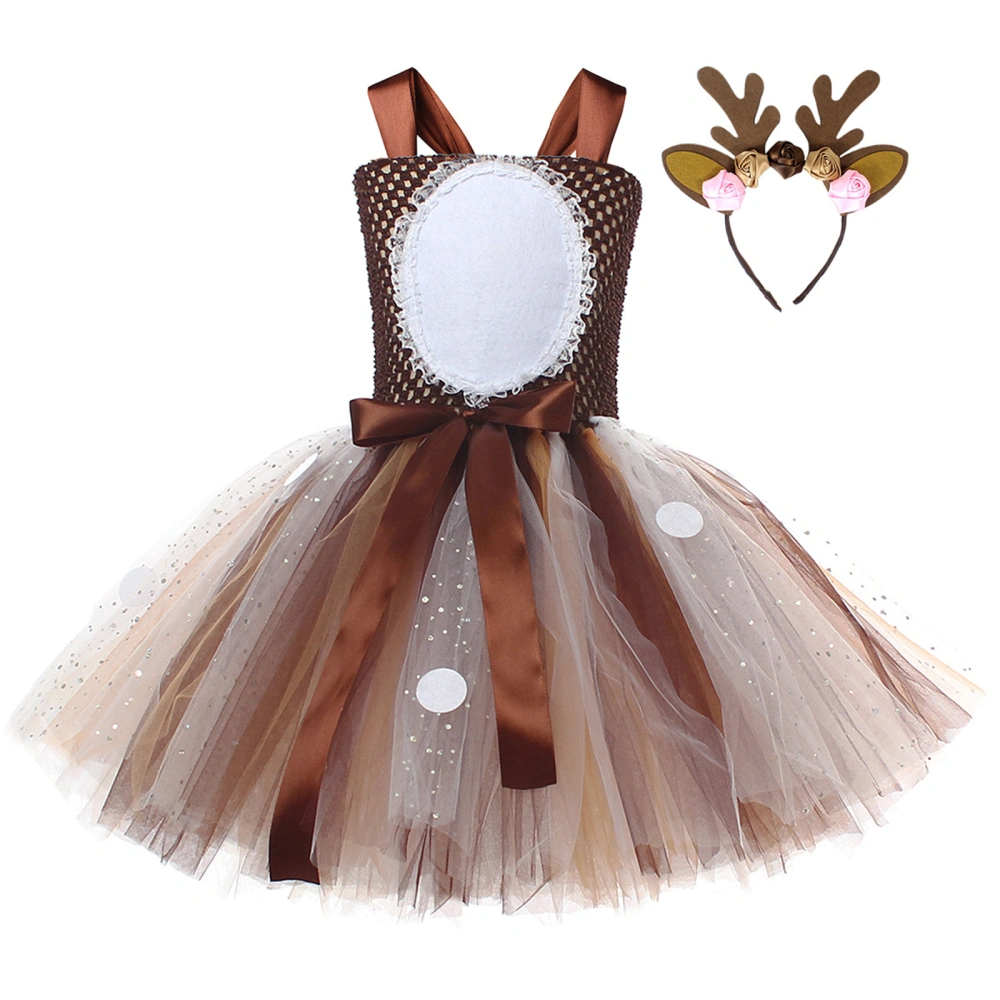 Toddler Girl Reindeer Costume Cute Dots Tulle Dress Antlers Headband