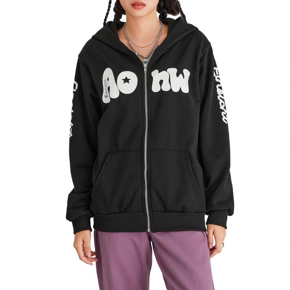 Women Zip up Hoodies Letter Print Loose Hooded Sweatshirt Jacket 