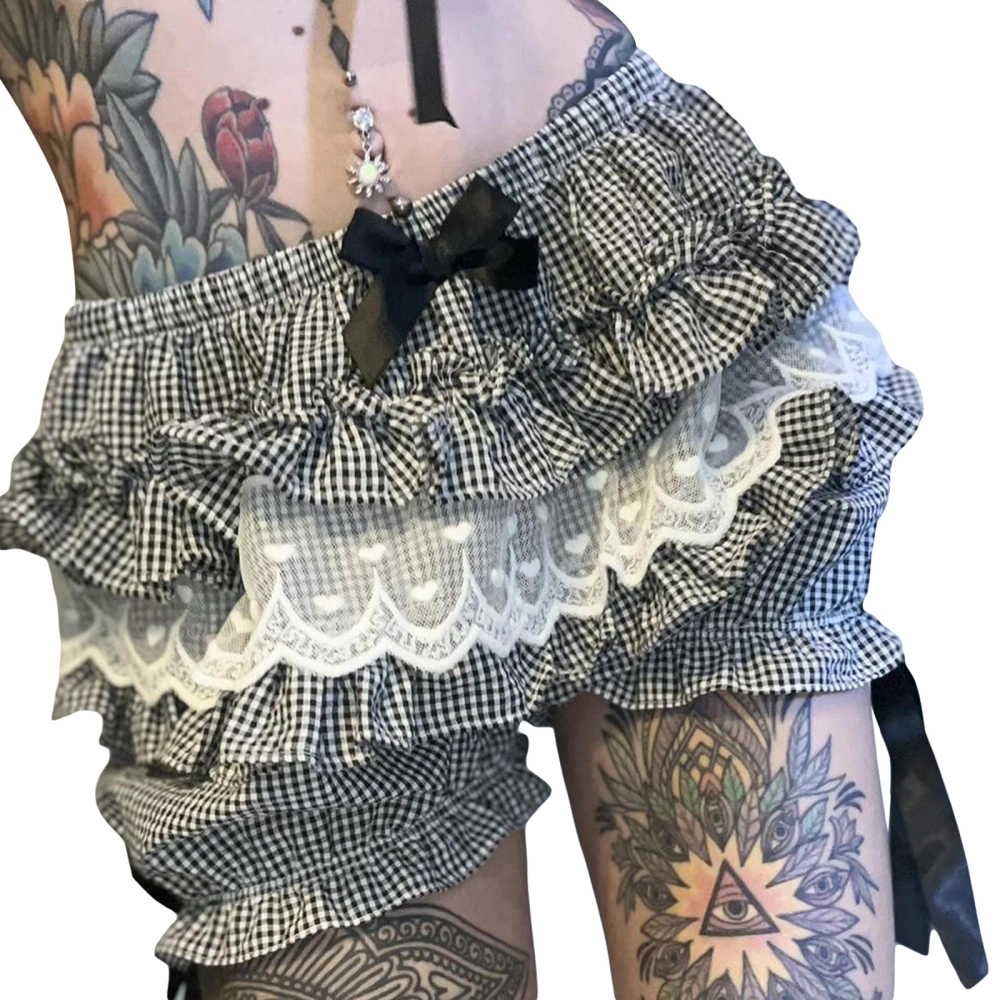 Women's Summer Black/Plaid Elastic Band Tiered Ruffle Shorts