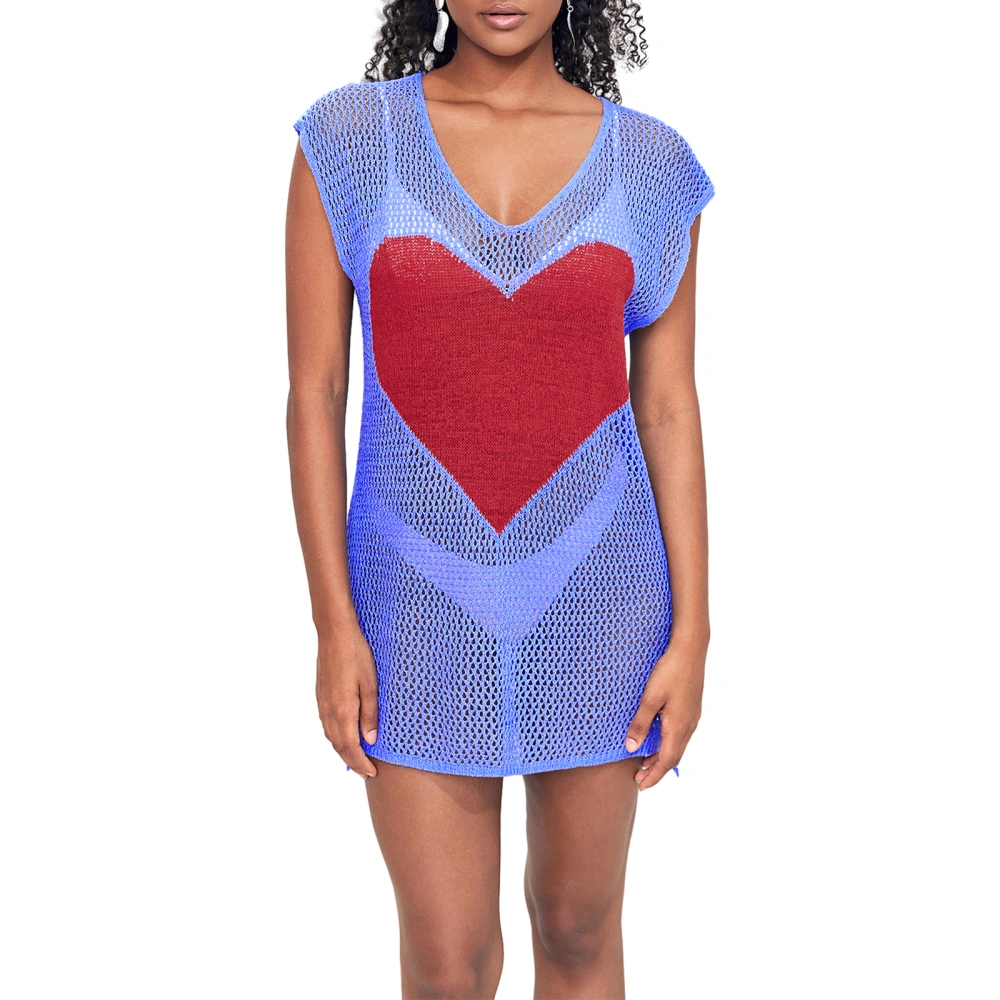 Women Beach Cover Ups Heart/Star Print Knitted Crochet Mini Dress 