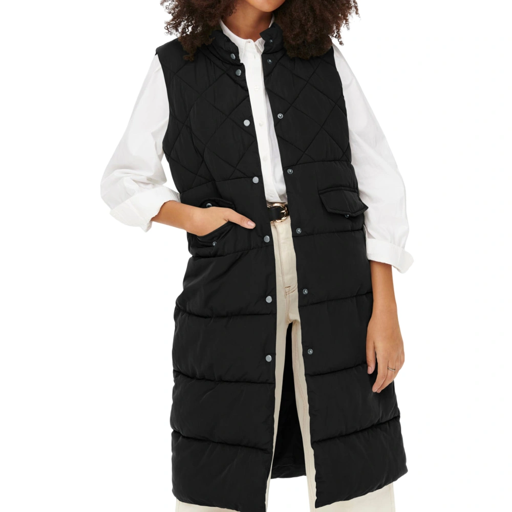 Women Quilted Puffer Vest Solid Color Warm down Jacket Button Cardigan