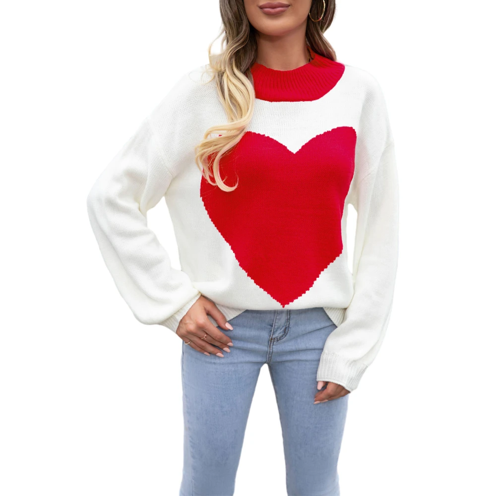 Women Heart Print Sweaters Long Sleeve Round Neck Oversized Pullovers