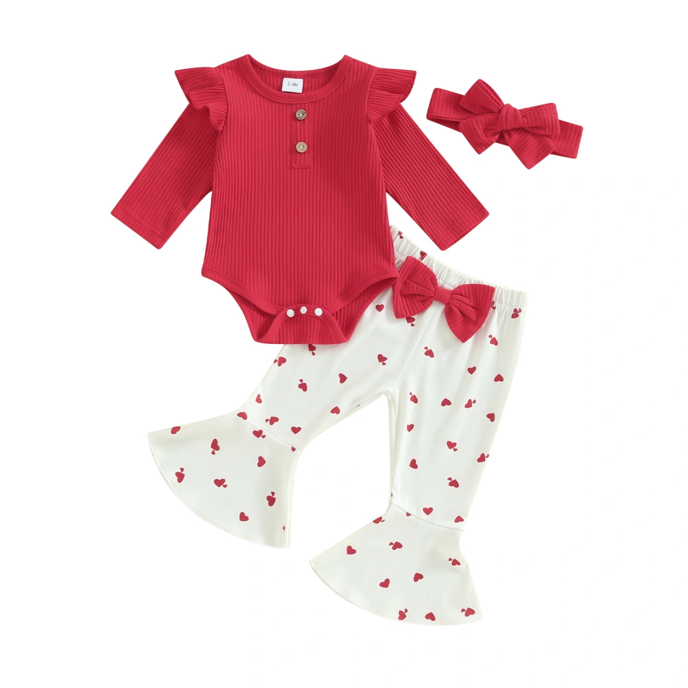 Girl Long Sleeve Romper with Heart Pattern Flare Pants and Headband