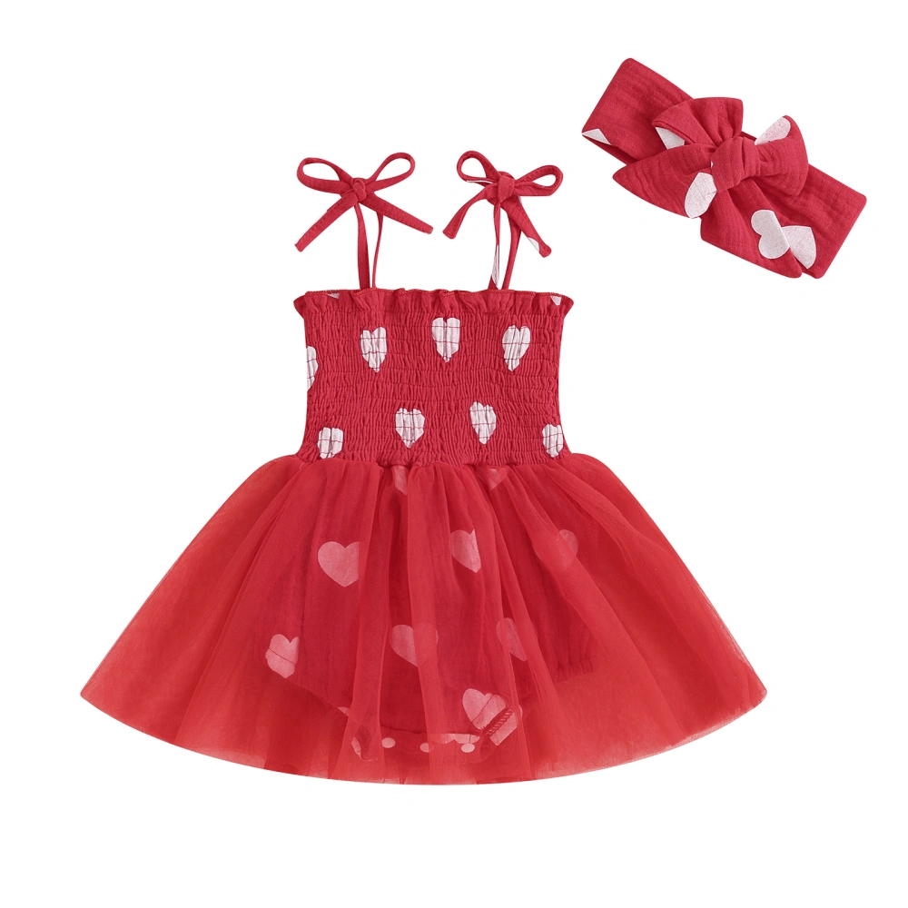 Baby Girl 2Pcs Outfits Tie Strap Heart Print Romper with Headband