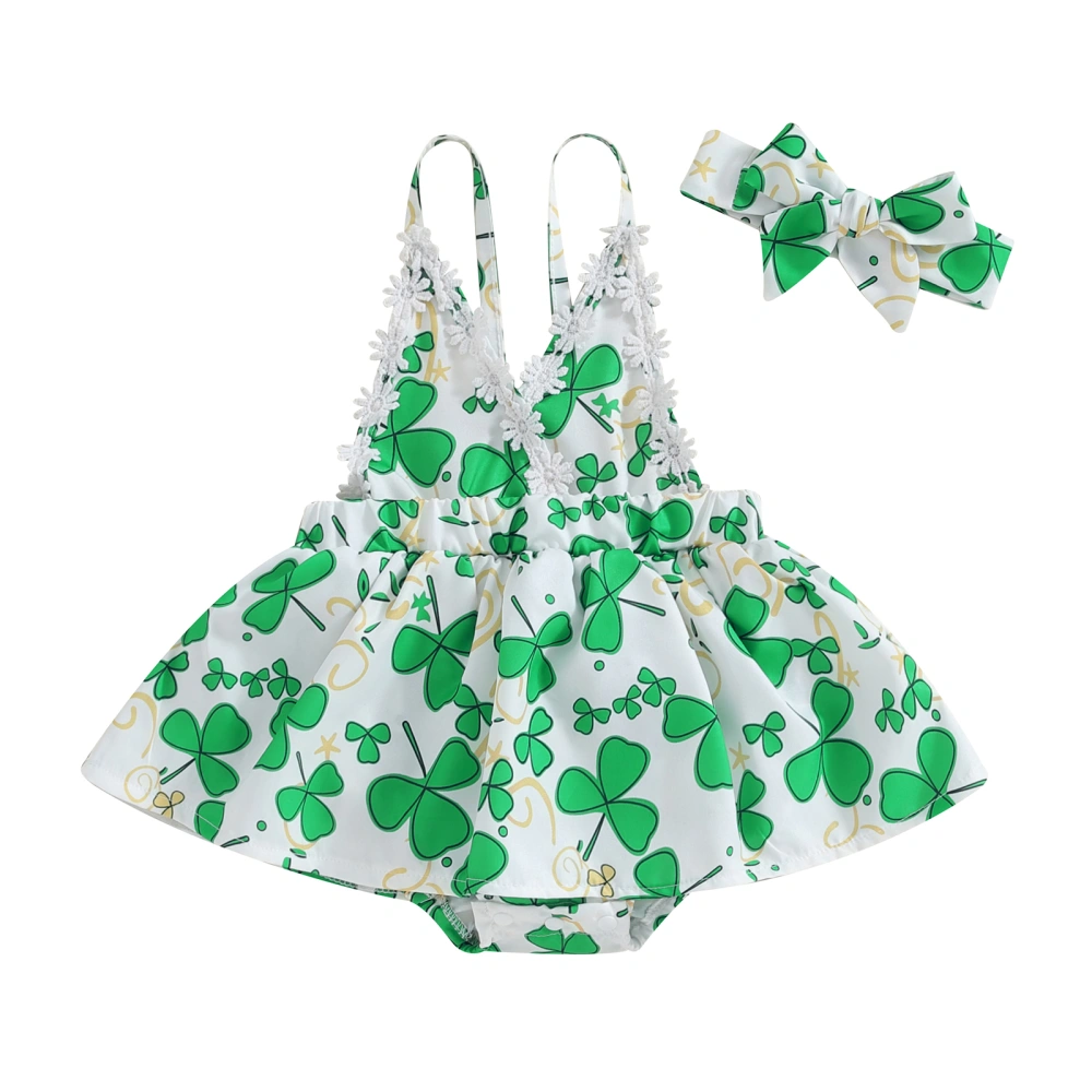 Baby Girl Irish Outfits Shamrock Print Romper Dress and Headband